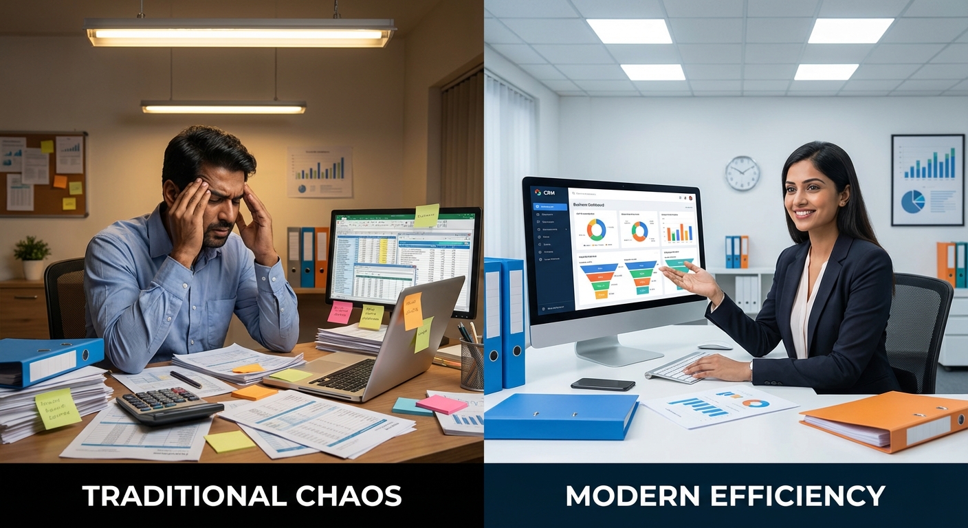 CRM benefits India comparison showing manual sales chaos versus organized automated CRM dashboard