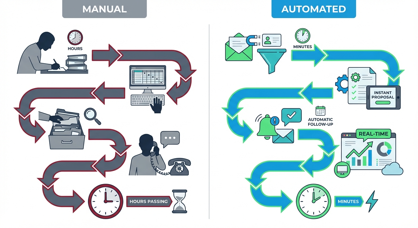 Solar CRM workflow comparison showing manual process steps versus automated CRM benefits India companies gain