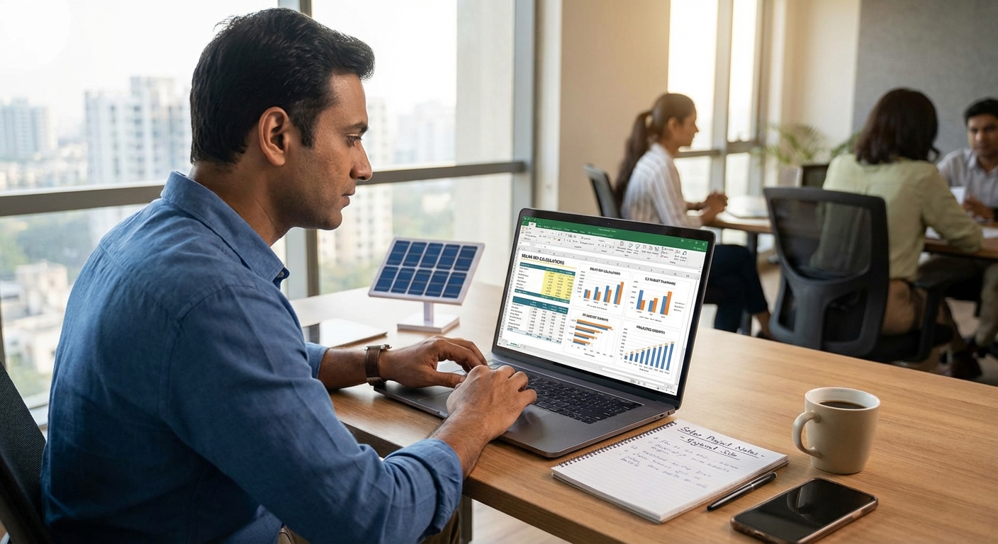 Solar business professional creating budget plan with financial charts and ROI calculations