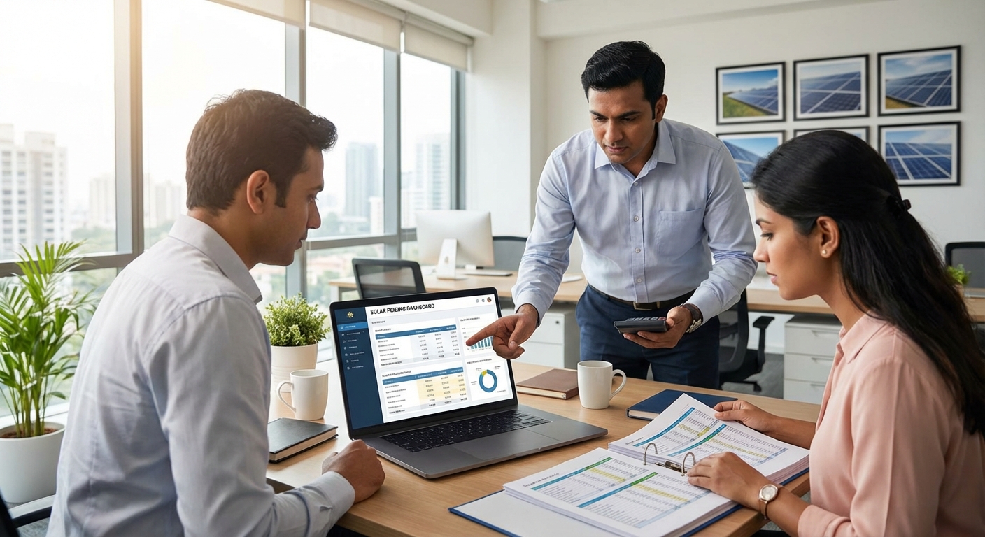 Solar business professionals reviewing proposal costs and software pricing in modern Indian office