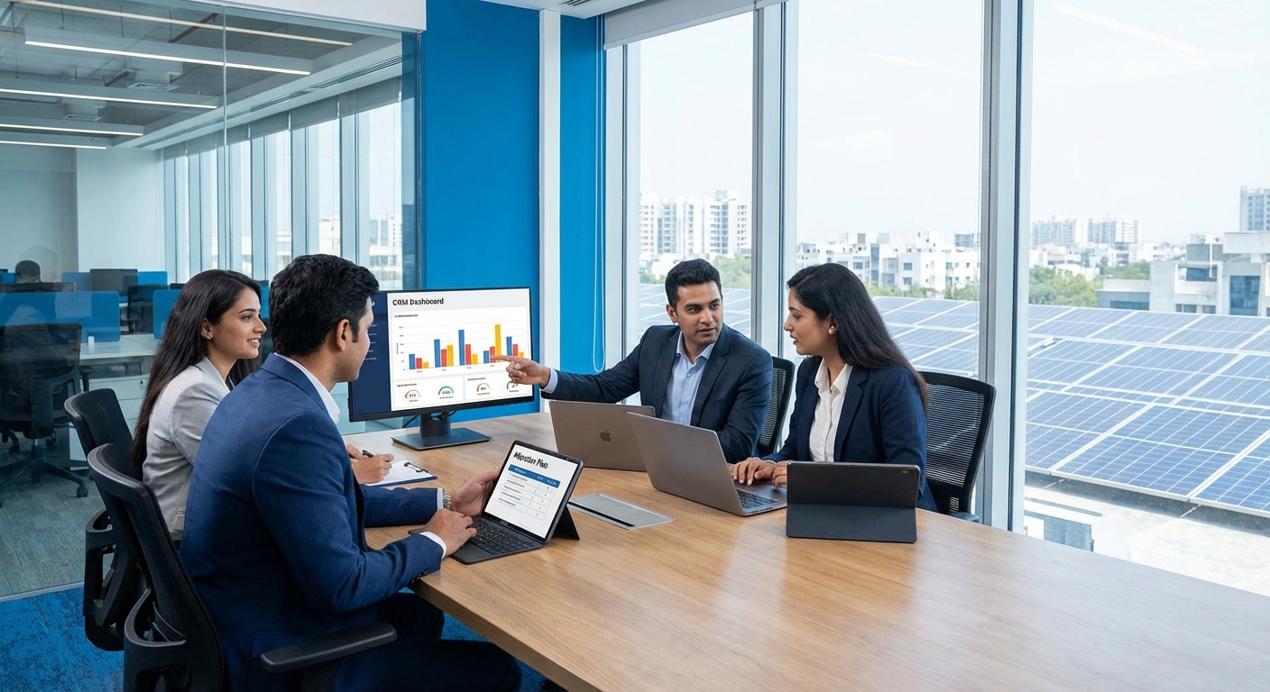 Solar business team planning CRM migration strategy in modern office