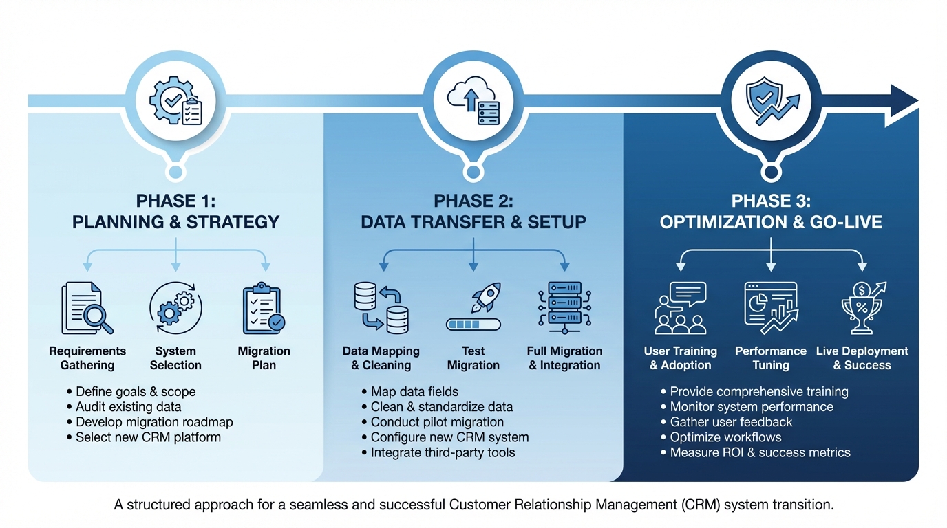 CRM migration timeline showing planning, execution, and optimization phases