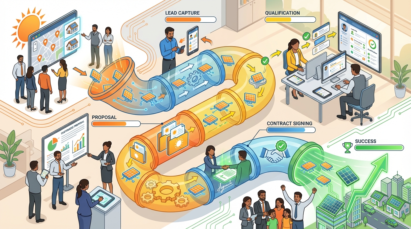 Visual sales pipeline management for solar CRM vendors India showing deal progression