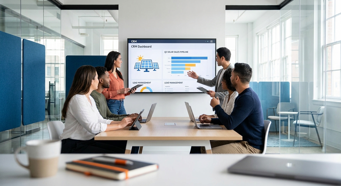 Solar sales team collaborating with CRM tools dashboard for lead management