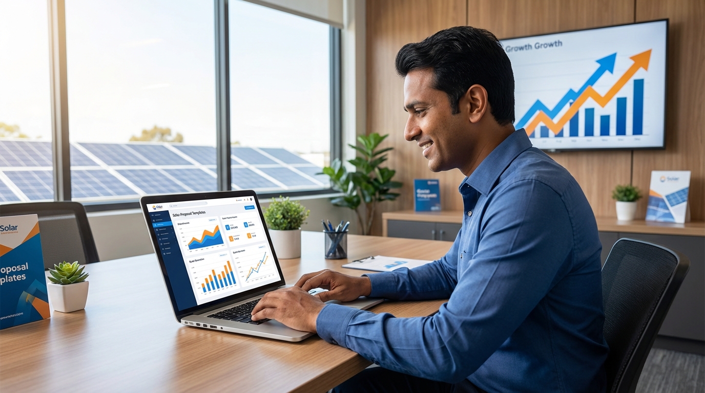 Solar sales professional using automated quote generation system in modern office