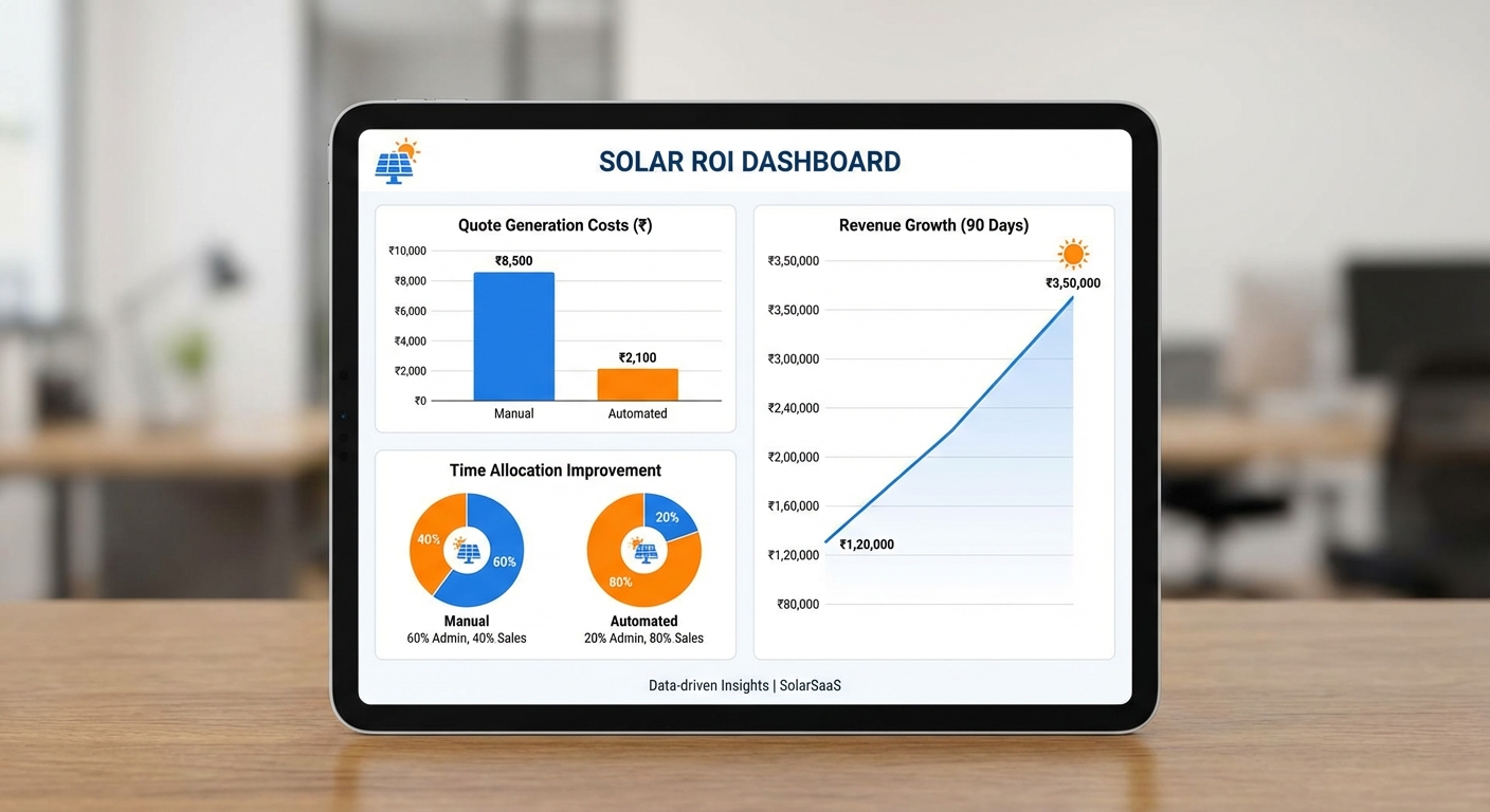 ROI dashboard showing financial metrics and time savings from automated quote generation for solar businesses