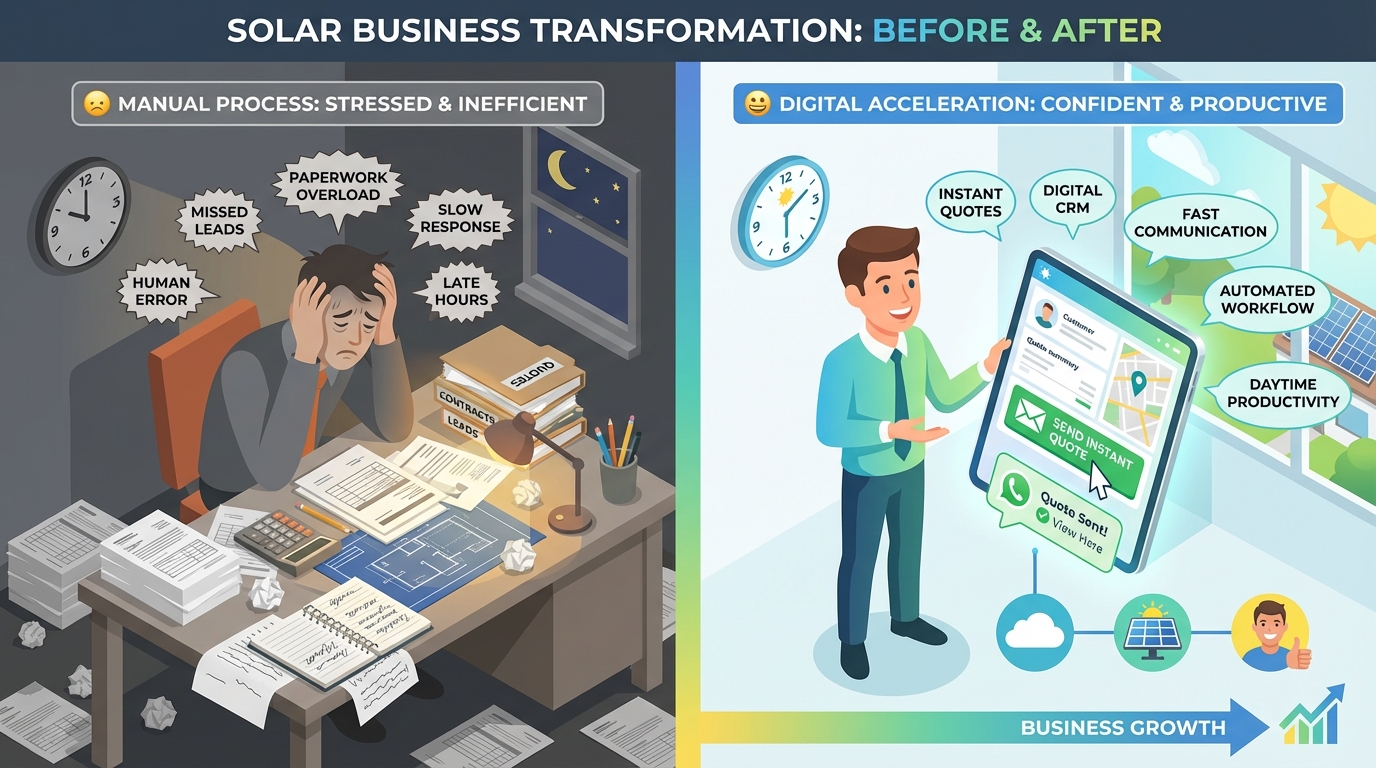 Before and after comparison showing time savings from automated quote generation for solar companies