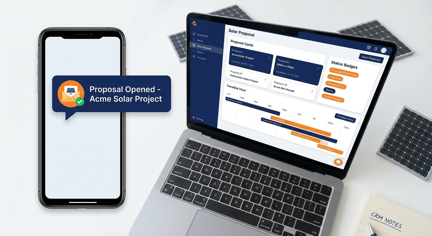 QuickEstimate proposal tracking interface on mobile and desktop for solar companies in India