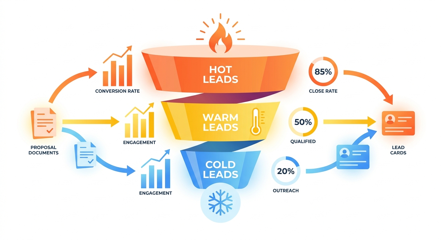 proposal tracking engagement signals showing hot warm and cold lead prioritization for solar sales