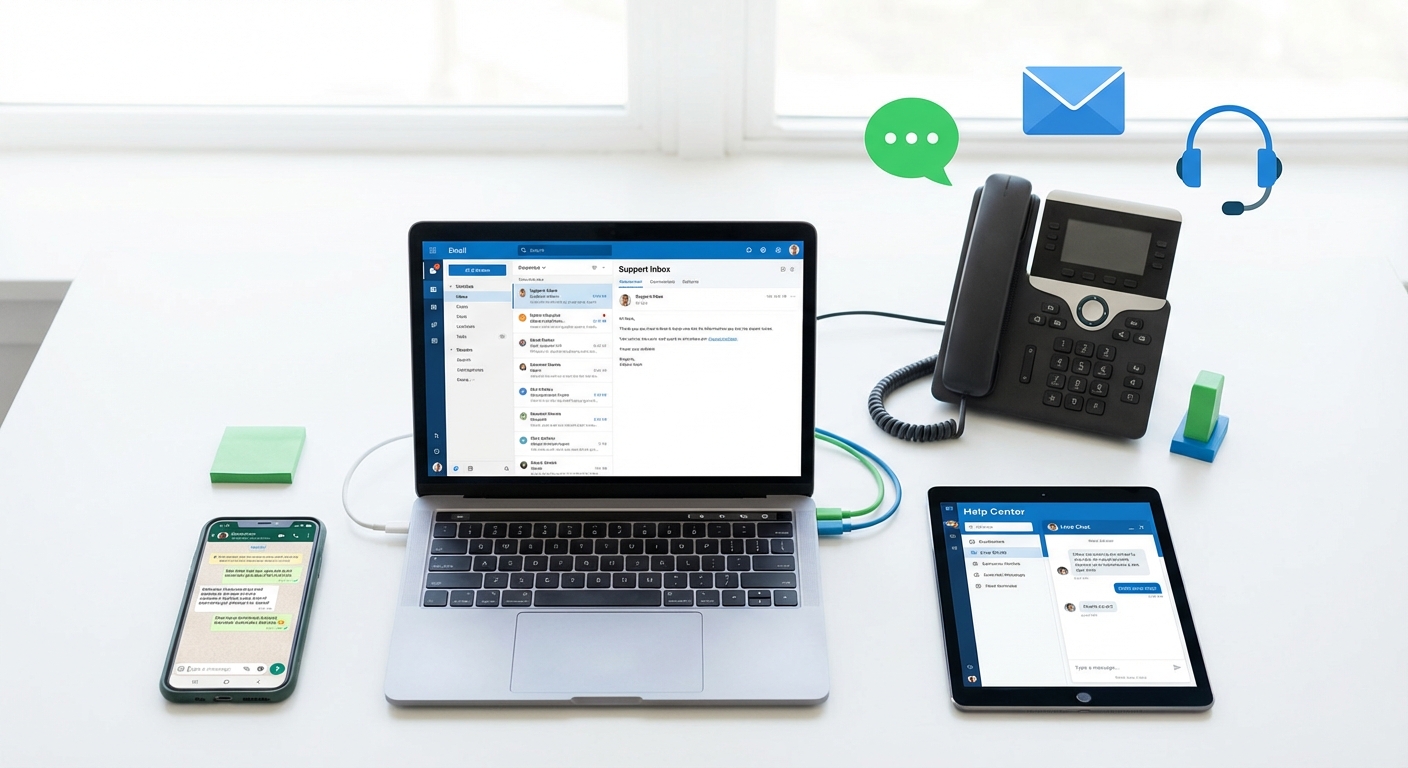 Multiple support channels including phone, email, chat, and WhatsApp for CRM support India