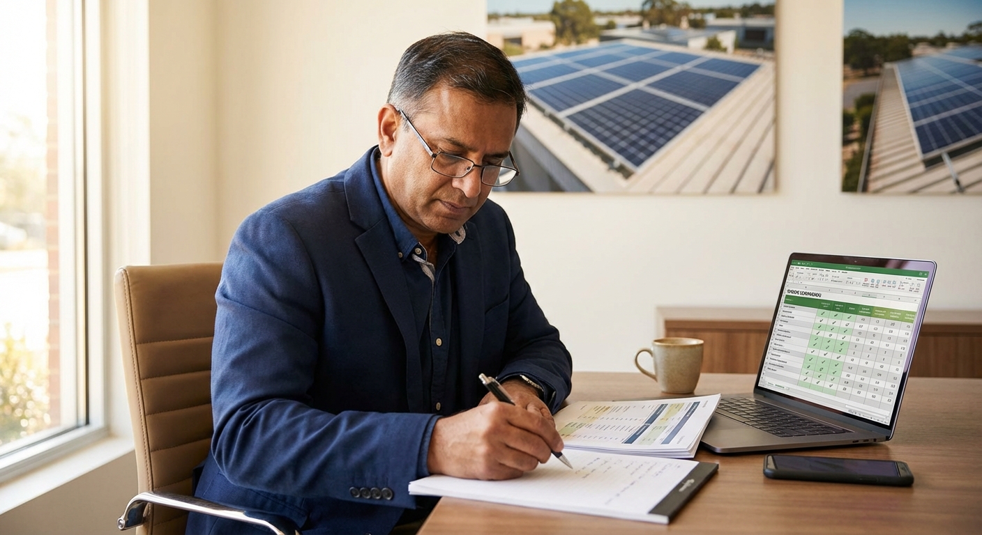 Solar business owner evaluating CRM support India vendor quality through documentation and reviews