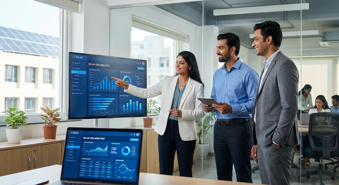 Solar business team collaborating with CRM technology to improve sales performance