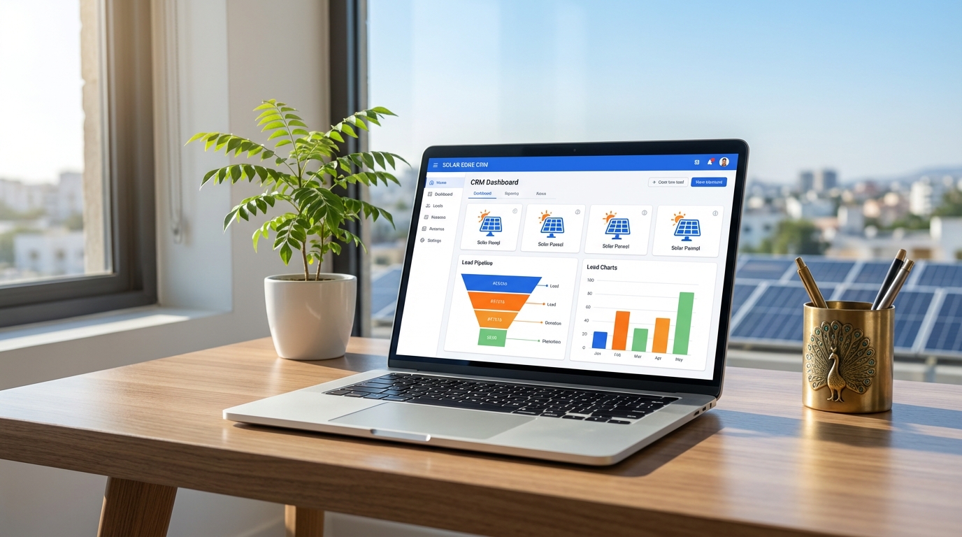Modern solar CRM dashboard interface showing lead management and analytics for Indian solar businesses