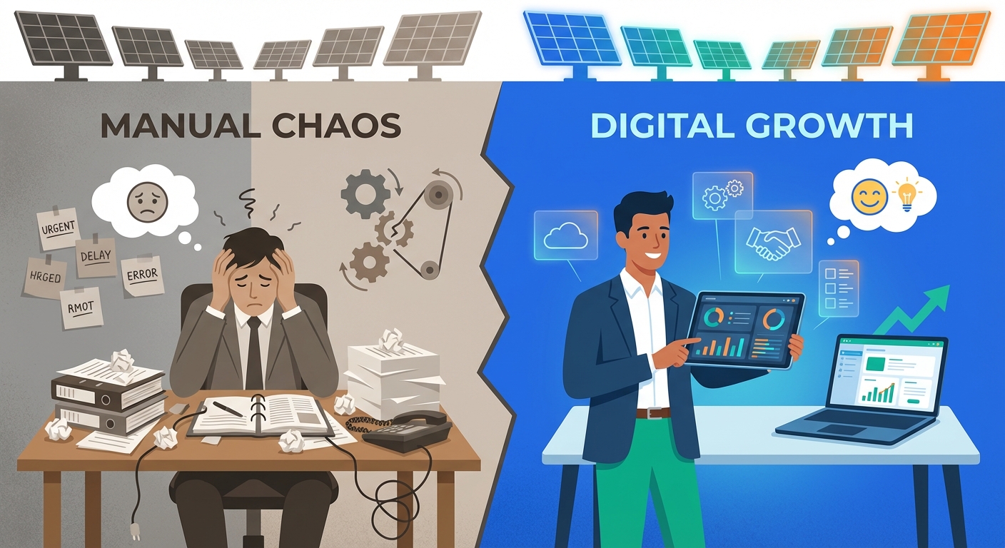 Business growth illustration showing efficiency improvements and increased sales from solar CRM implementation