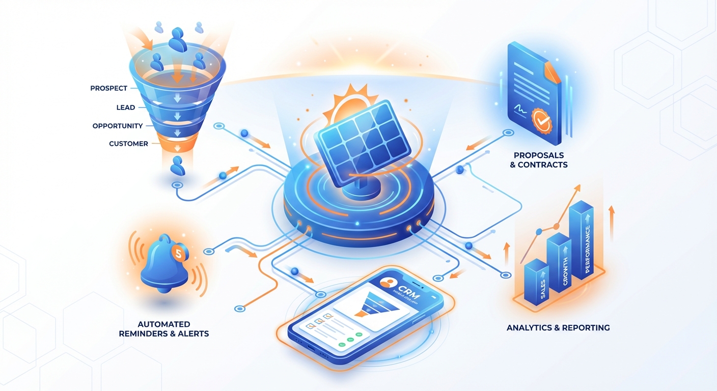 Visual representation of solar CRM features including lead management, proposal generation, and analytics dashboard