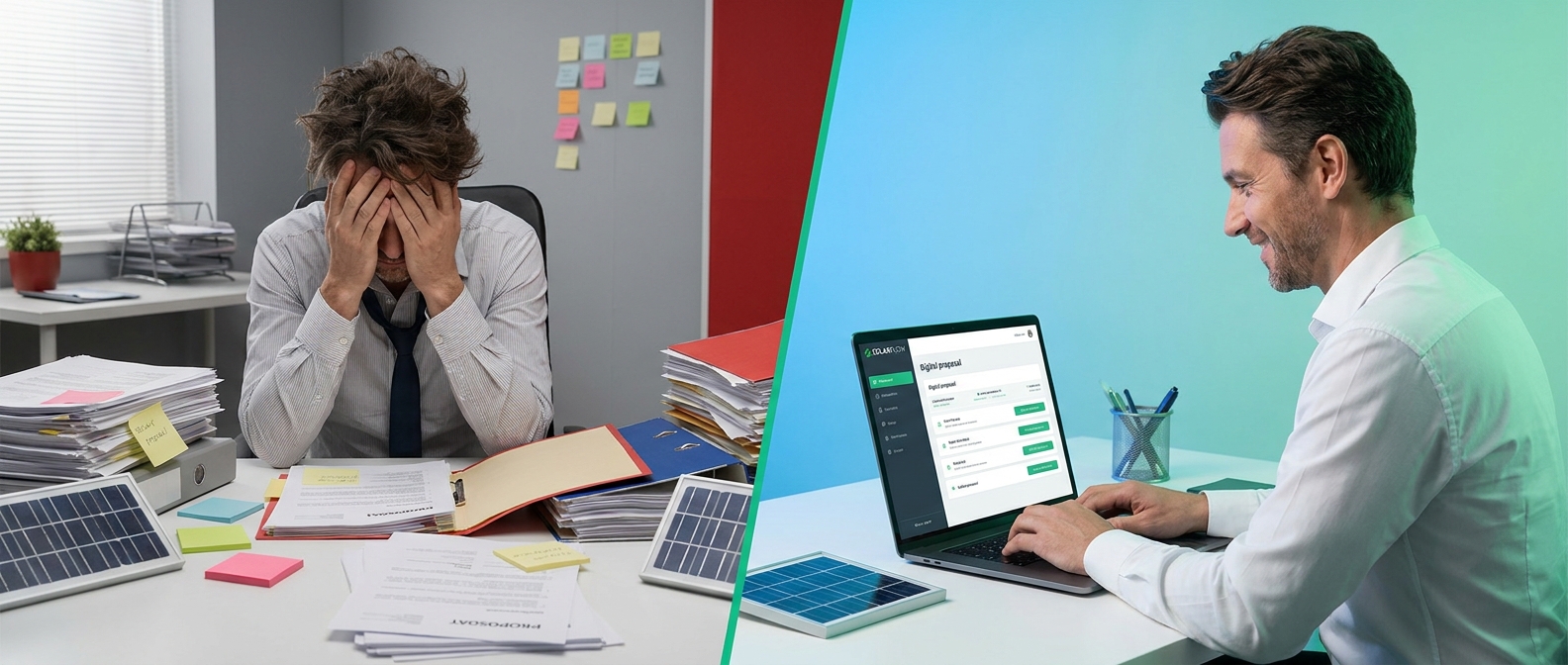 Before and after comparison showing manual proposal process versus automated proposal software for solar companies