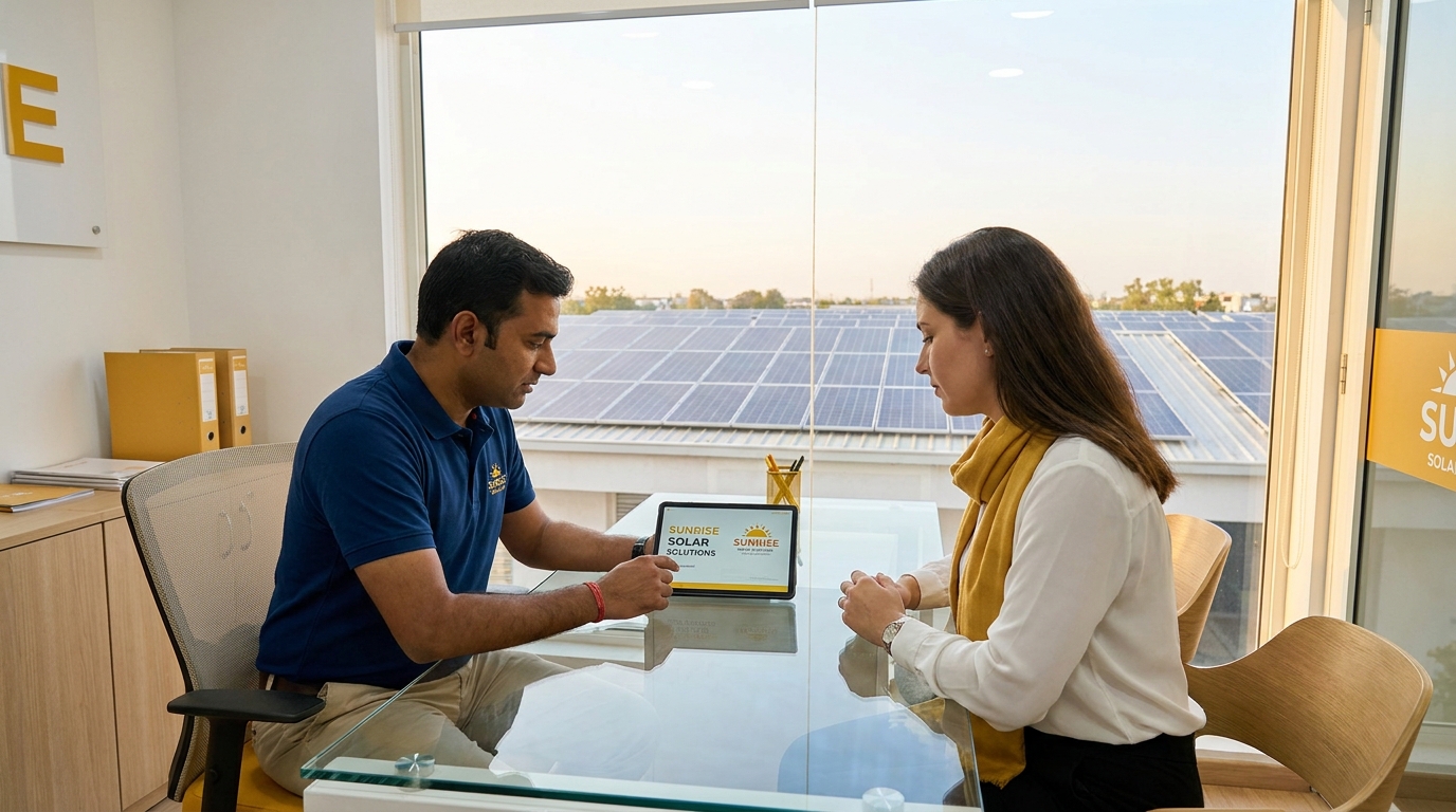 Solar sales professional using proposal software on a tablet to send a client proposal