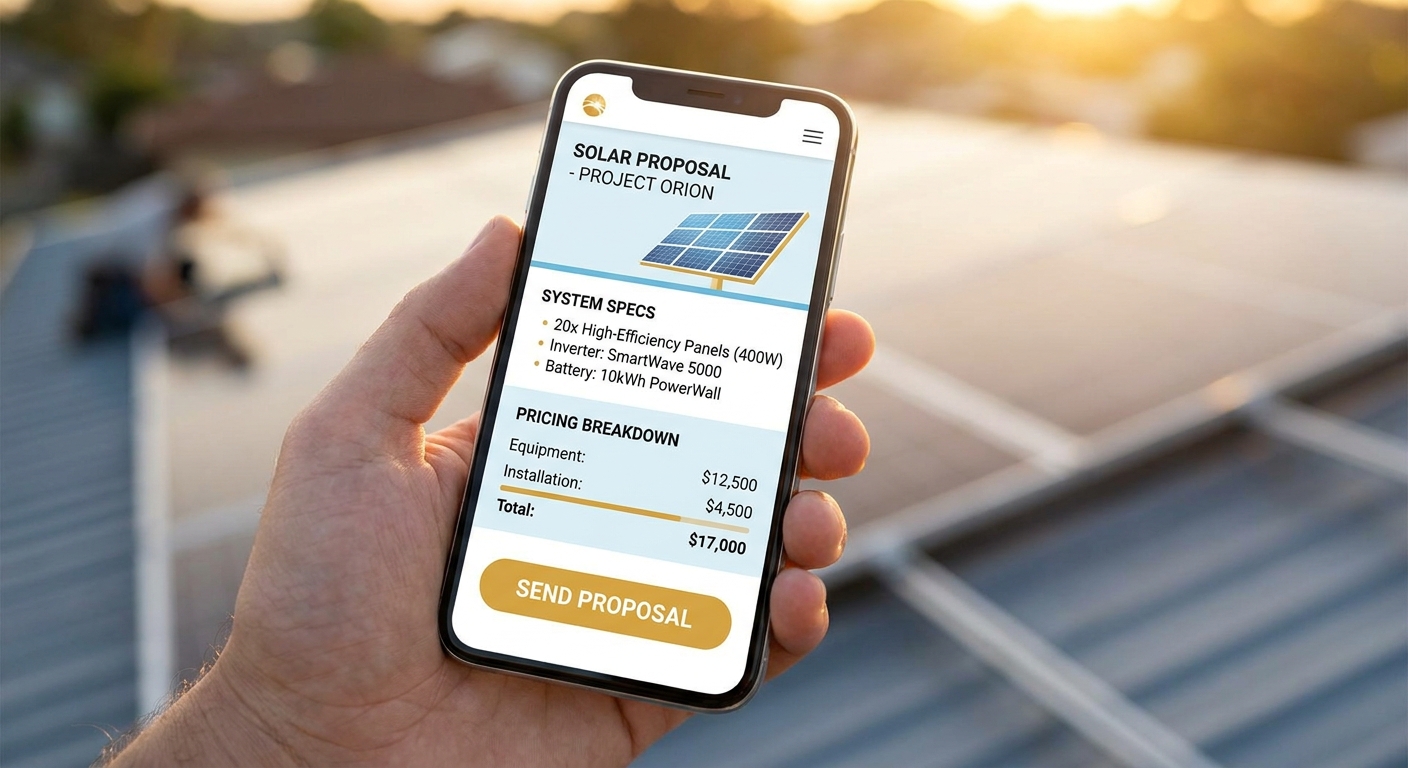 Mobile app showing proposal software sending a solar proposal via WhatsApp in 60 seconds