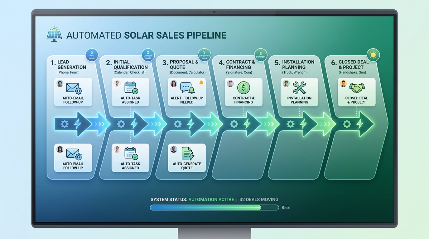 automated sales pipeline stages with workflow automation triggers for solar CRM