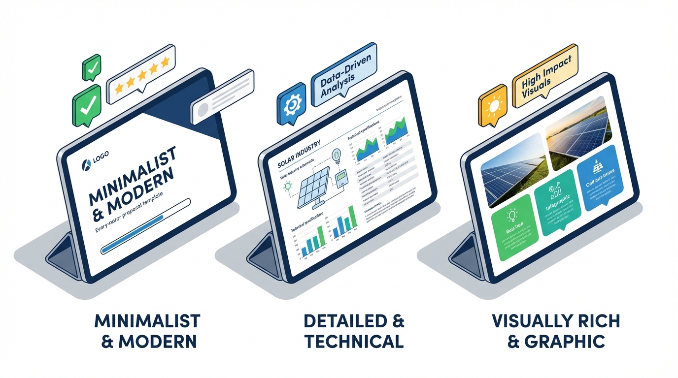 Side-by-side comparison framework showing different proposal template options with evaluation criteria and feature ratings