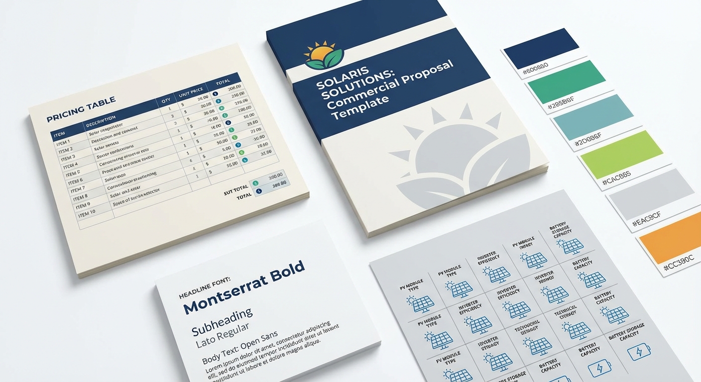 Customizable proposal template features including branding, pricing tables, and technical specifications for solar businesses