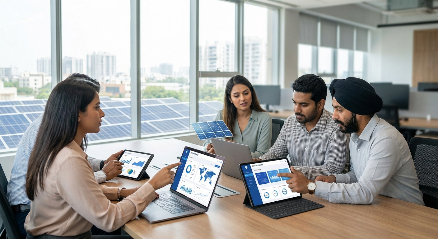 Solar sales team collaboration using CRM technology in modern office