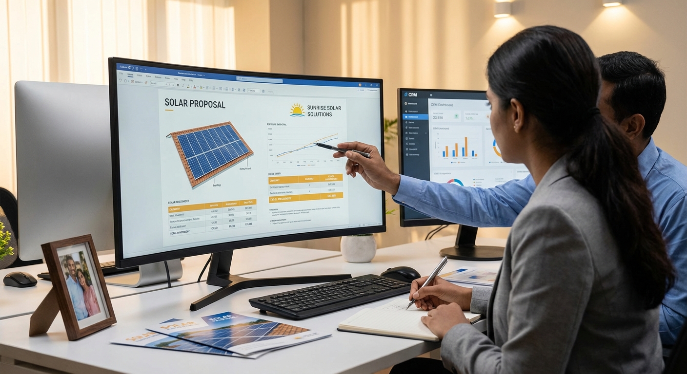 Solar sales team collaborating on professional proposal generation using CRM