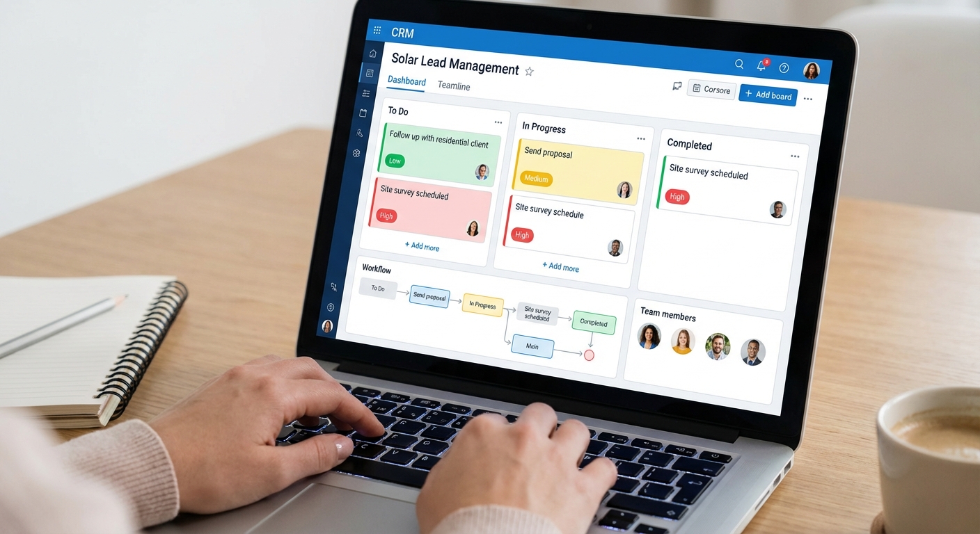 CRM task assignment dashboard showing team collaboration workflow for solar leads