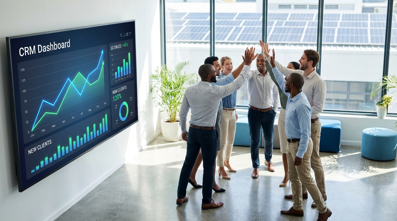 Solar sales team celebrating successful collaboration and CRM implementation