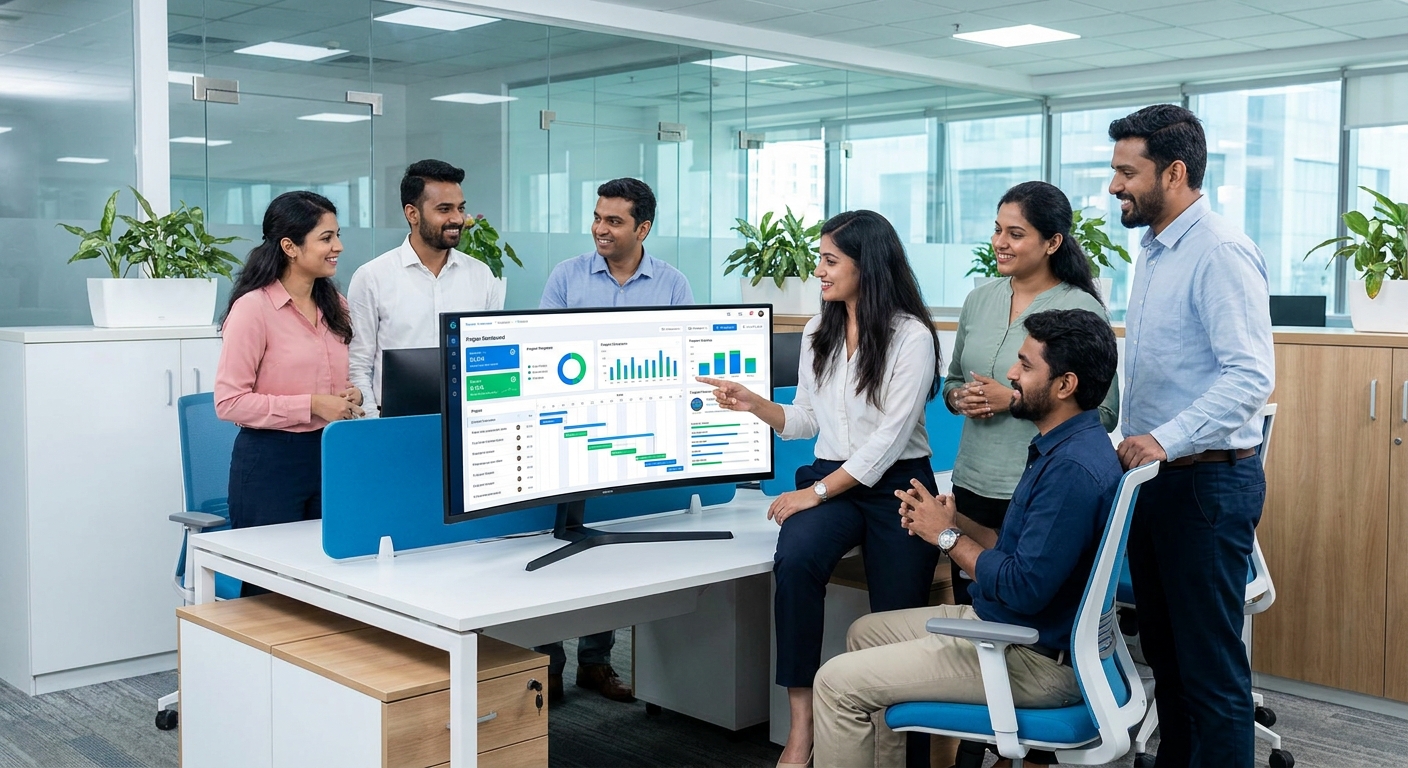 solar EPC team collaborating on a multi-project CRM dashboard in a modern office