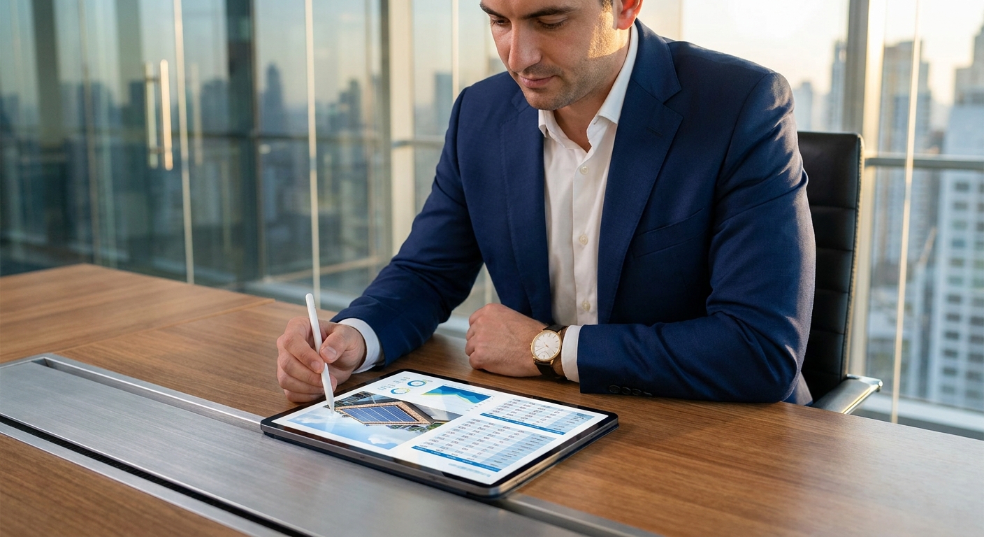 solar EPC proposal being reviewed by a commercial client on a tablet