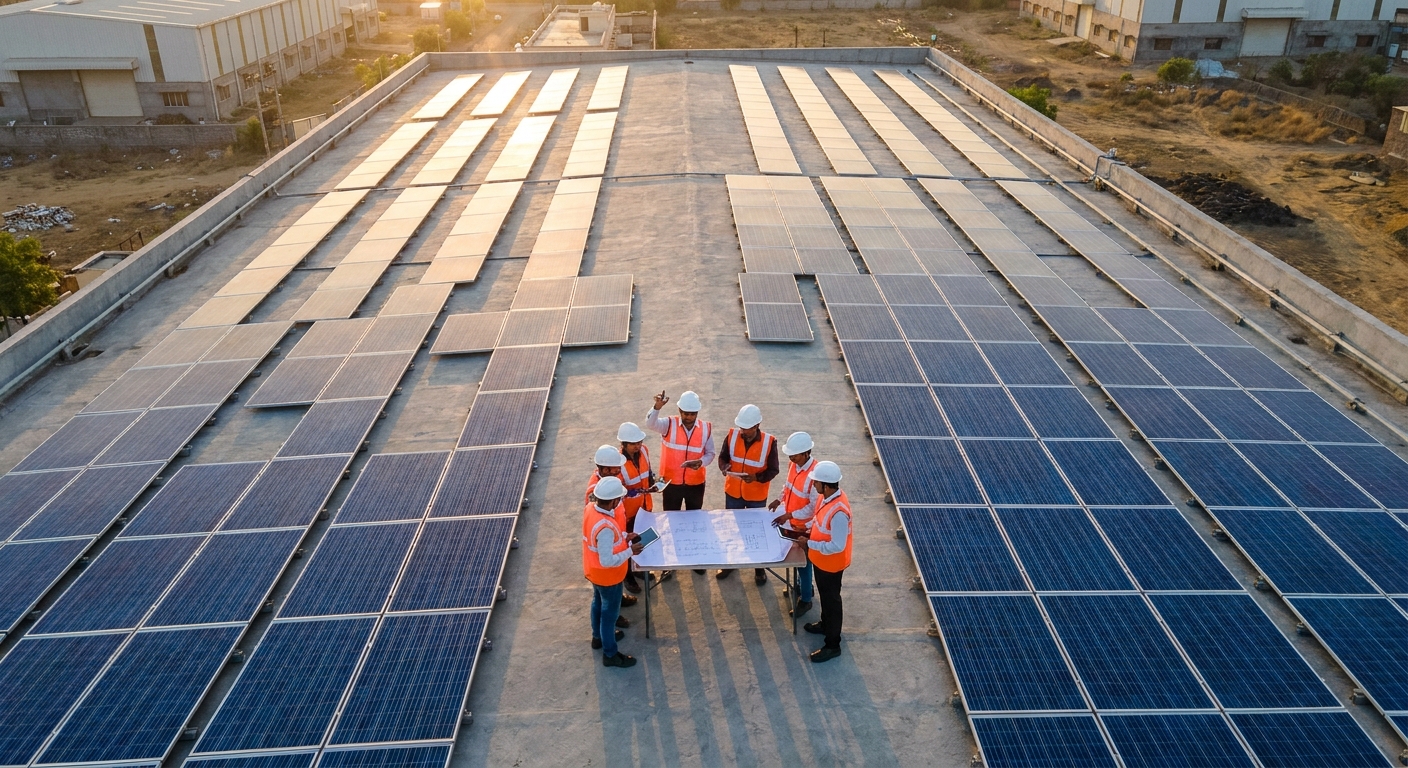 solar EPC team coordinating on a large commercial rooftop solar installation project