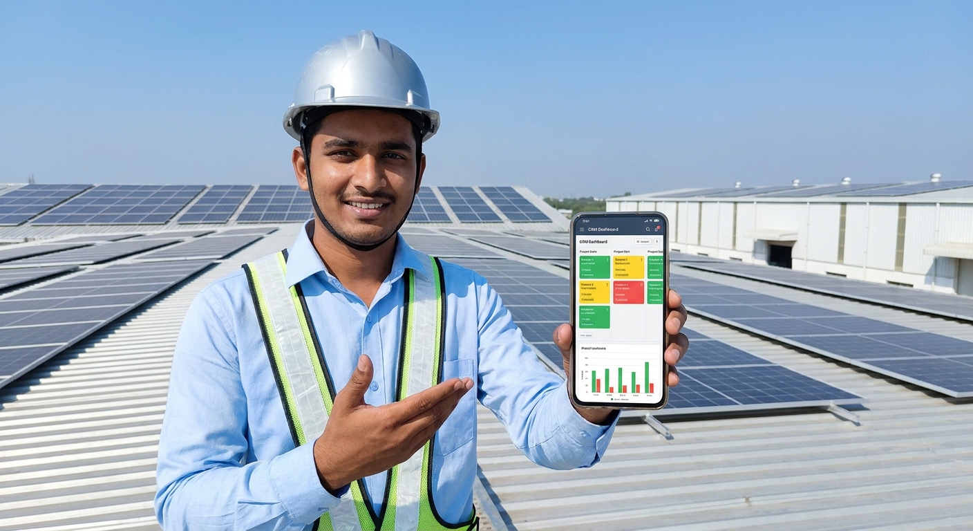 solar EPC sales professional using QuickEst CRM mobile app at a commercial project site in India