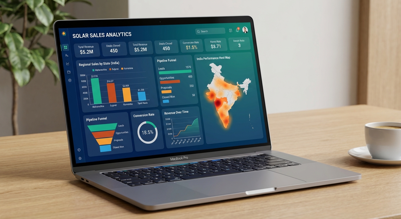 Custom CRM dashboard showing solar sales metrics across Indian regions