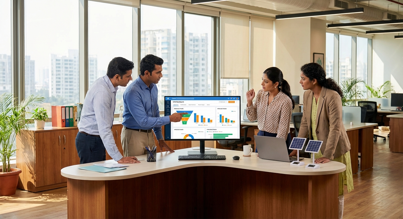 CRM customization India team collaborating on solar sales strategy