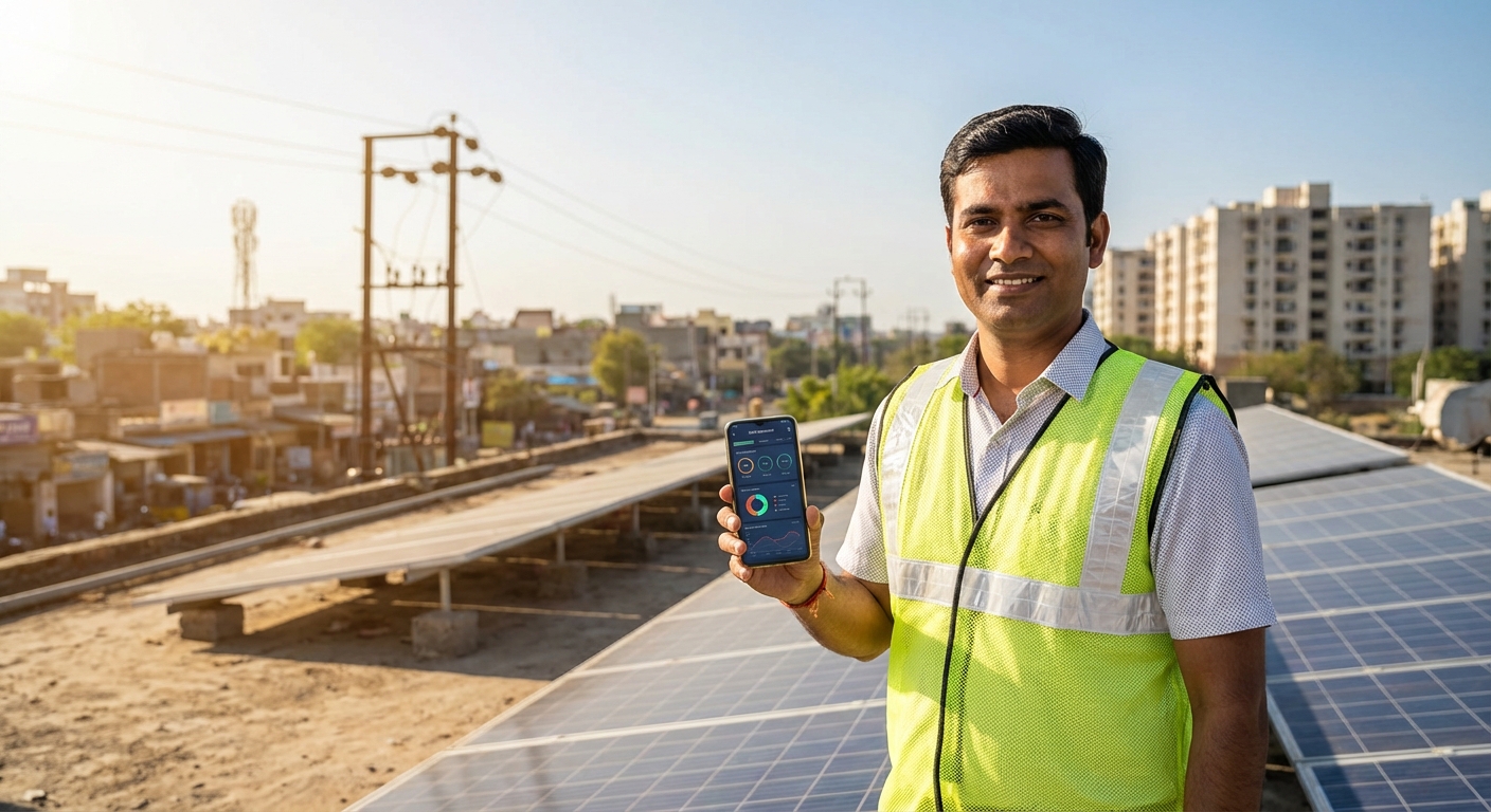 Indian solar sales professional successfully using mobile CRM training India app at field installation site