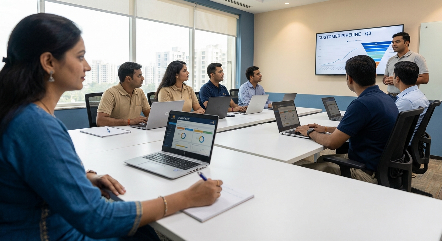 Indian solar sales team engaged in CRM training India session with laptops and CRM dashboards