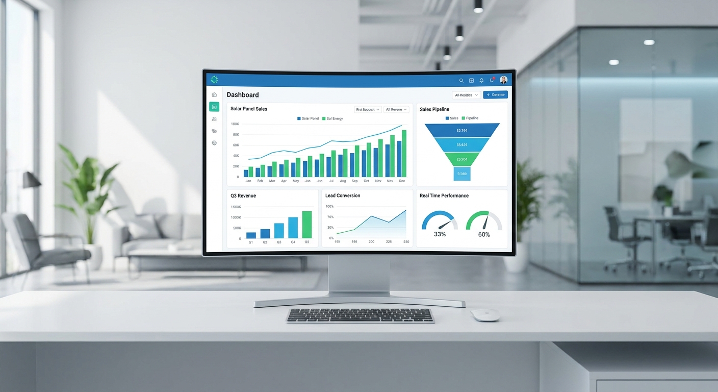 CRM dashboard showing real-time solar sales analytics and performance metrics