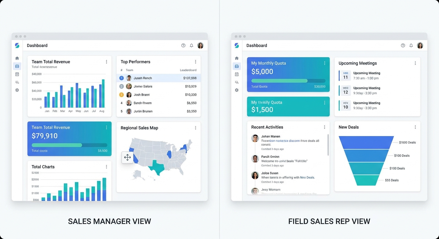 Customizable CRM dashboard interface showing personalization options and role-based views
