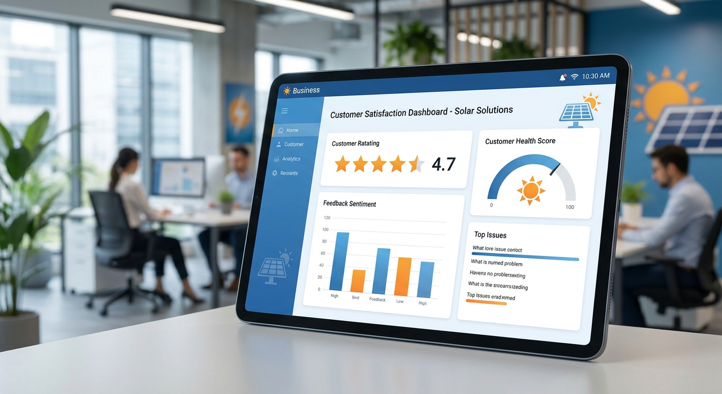customer retention analytics dashboard showing satisfaction scores and feedback data for solar business