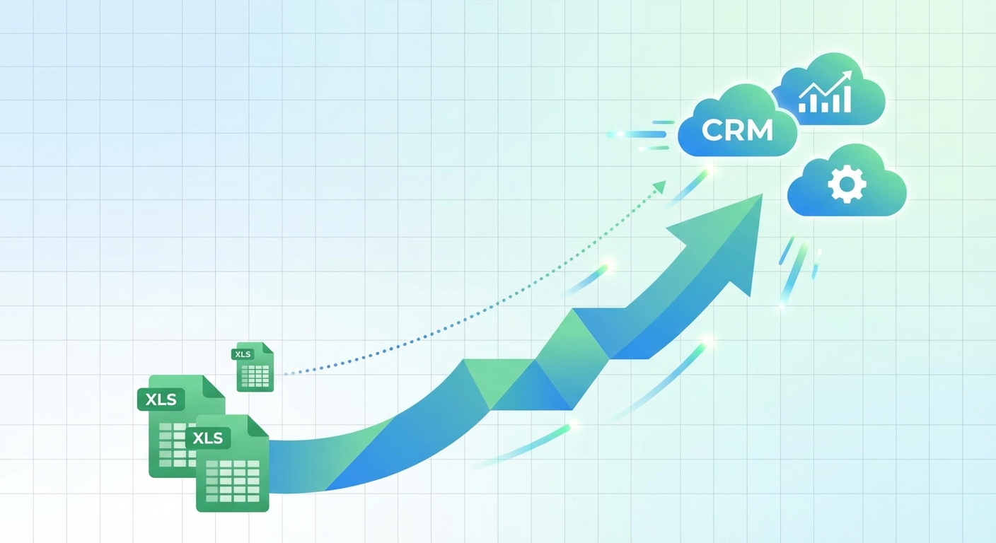 Business growth visualization showing transition from spreadsheets to CRM system