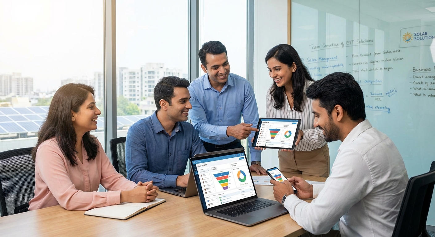 Solar sales team collaborating with CRM vs spreadsheet tools across multiple devices