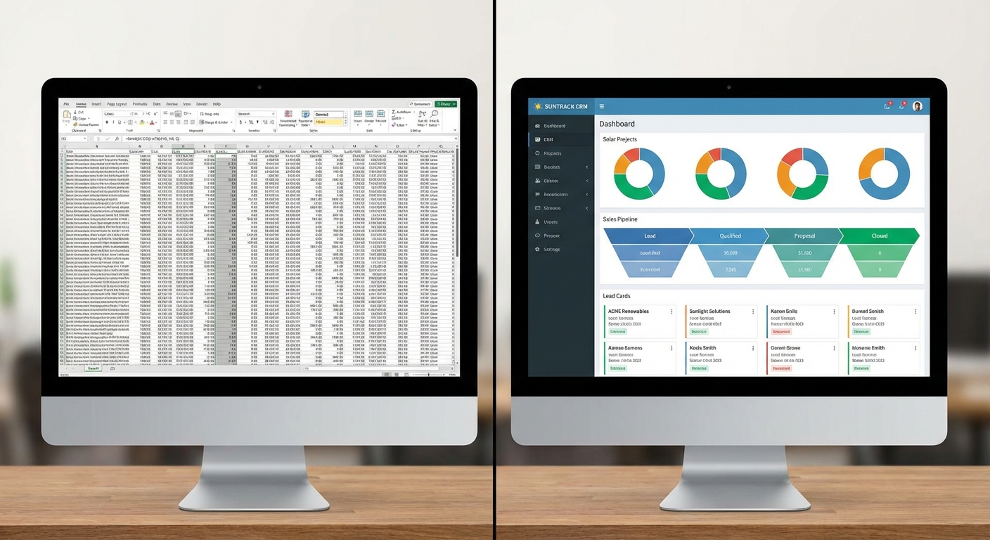 CRM vs spreadsheet comparison showing Excel versus modern solar CRM dashboard
