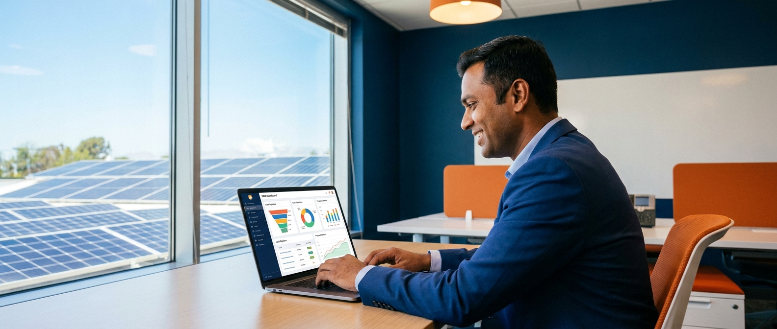 Solar sales professional using cloud CRM solutions on a laptop with solar panels in the background