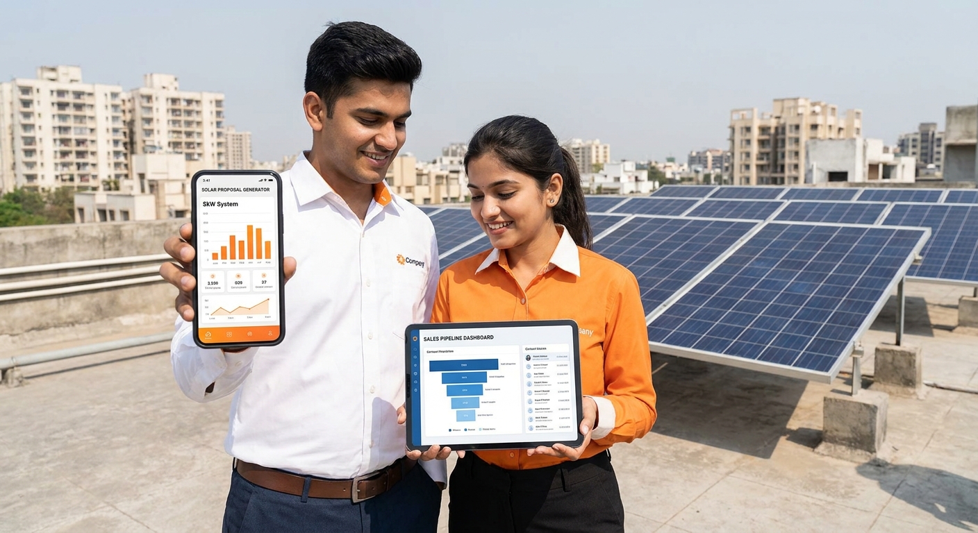 Solar sales team using QuickEstimate CRM solutions on mobile to generate proposals near a rooftop solar installation