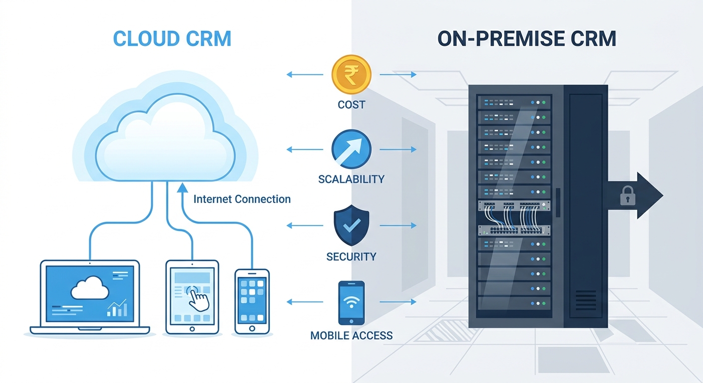 Cloud vs on-premise CRM solutions comparison showing cost, scalability, security, and accessibility factors