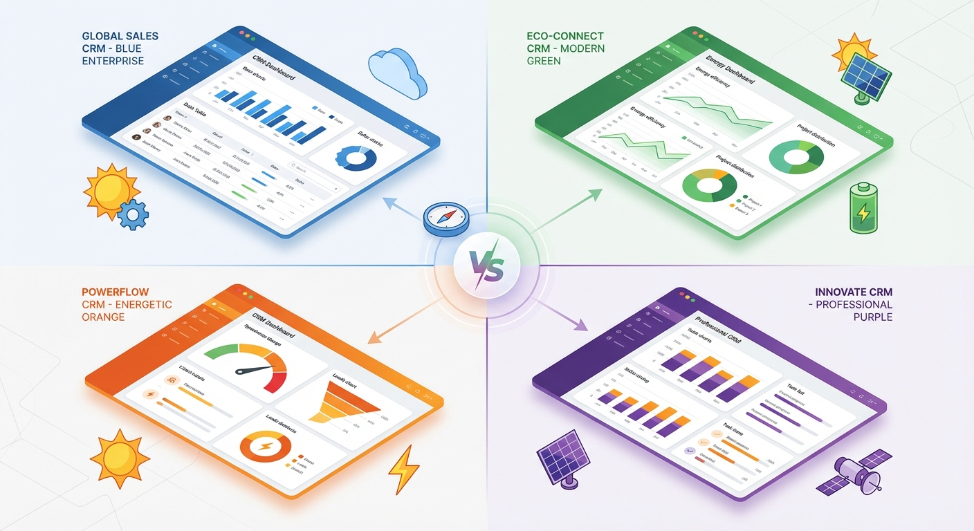Comparison of multiple solar CRM software platforms showing different dashboard interfaces