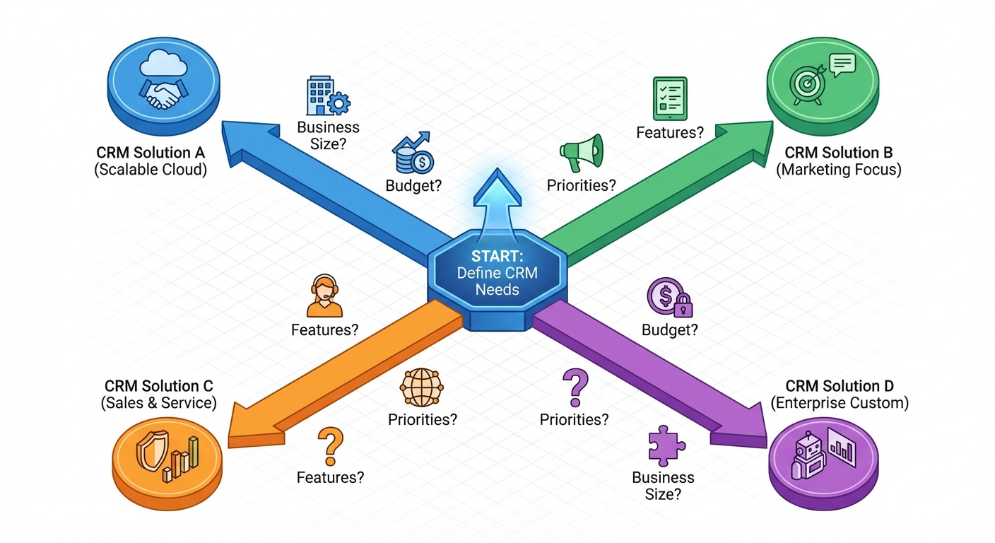 Decision tree flowchart helping solar businesses choose the right CRM based on their needs and priorities