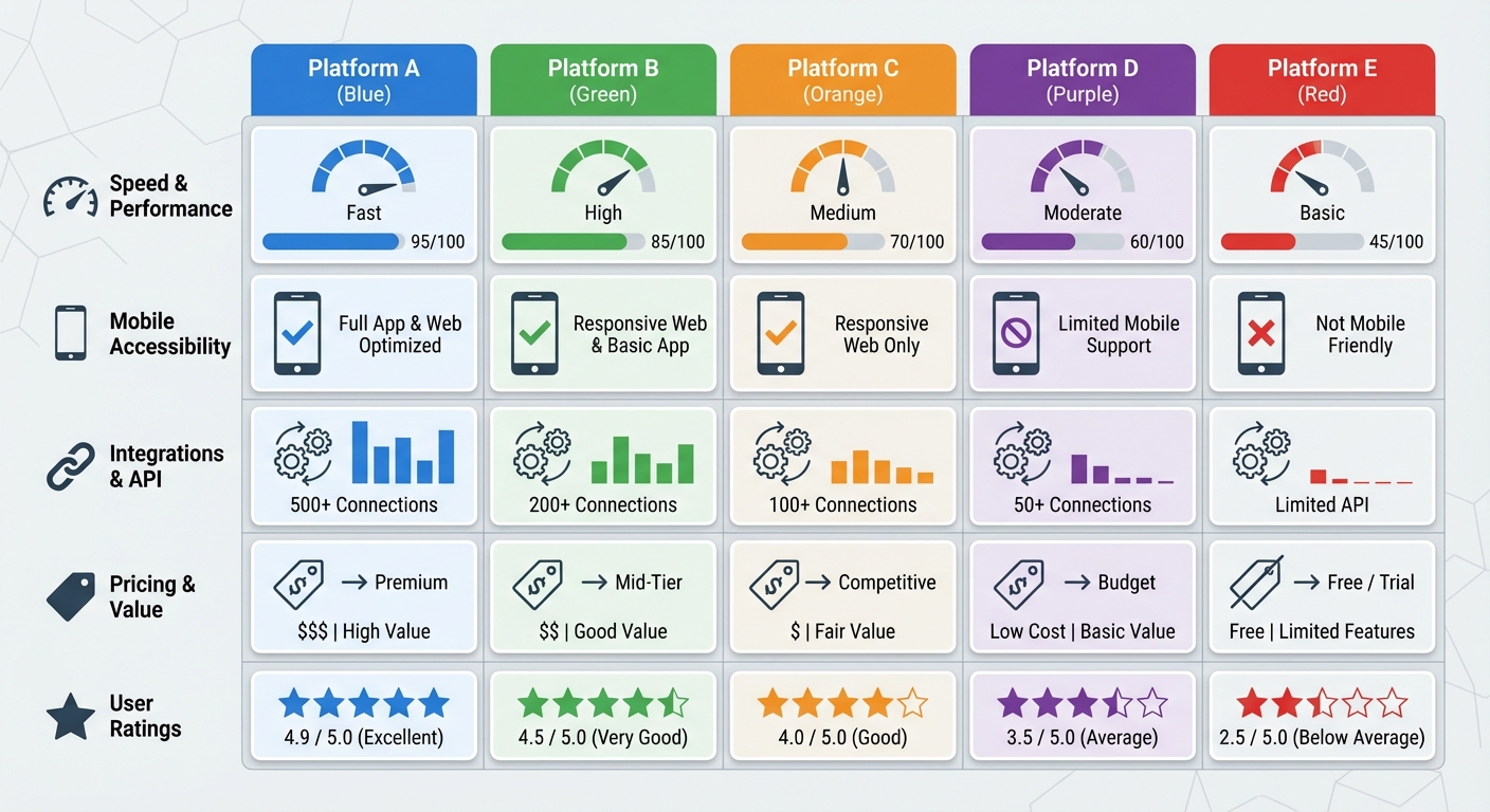 Feature comparison infographic showing solar CRM platforms rated across key metrics like speed, pricing, and features