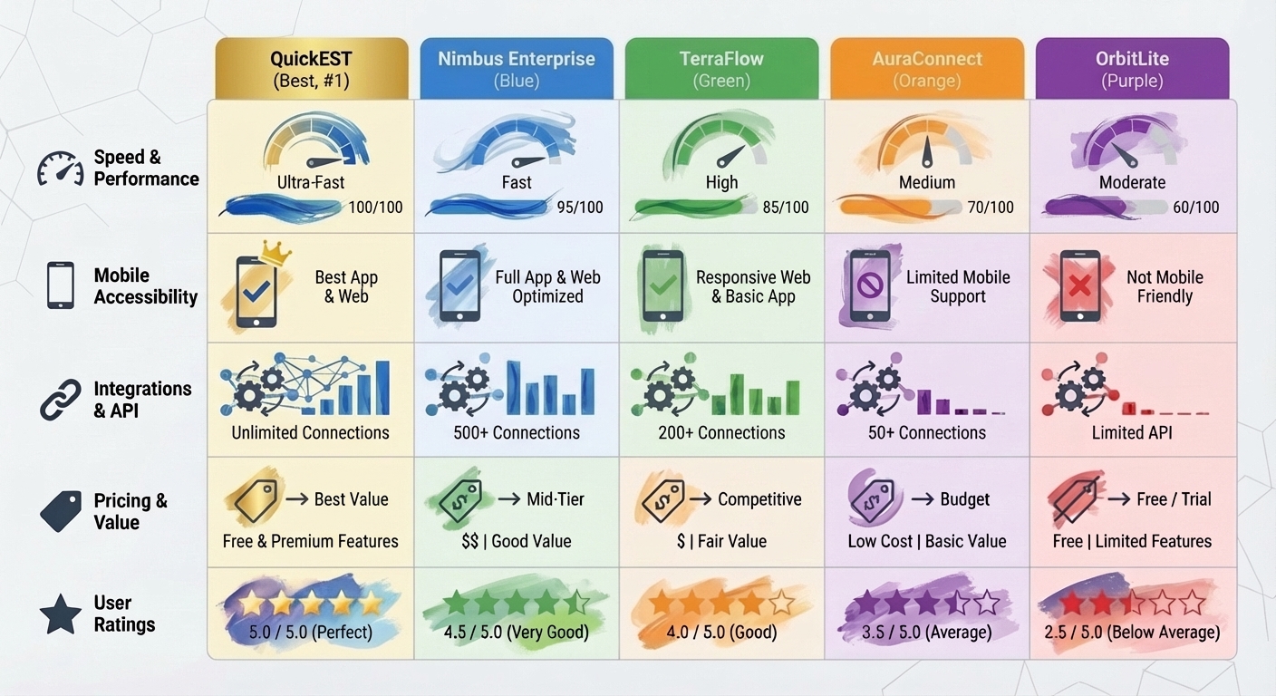 Feature comparison infographic showing solar CRM platforms rated across key metrics like speed, pricing, and features